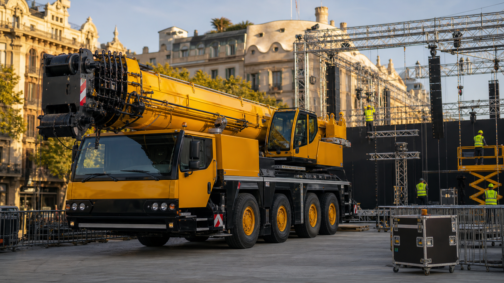 Camión grúa con pluma articulada izando una máquina industrial en una calle estrecha del Eixample de Barcelona, fachada modernista de fondo