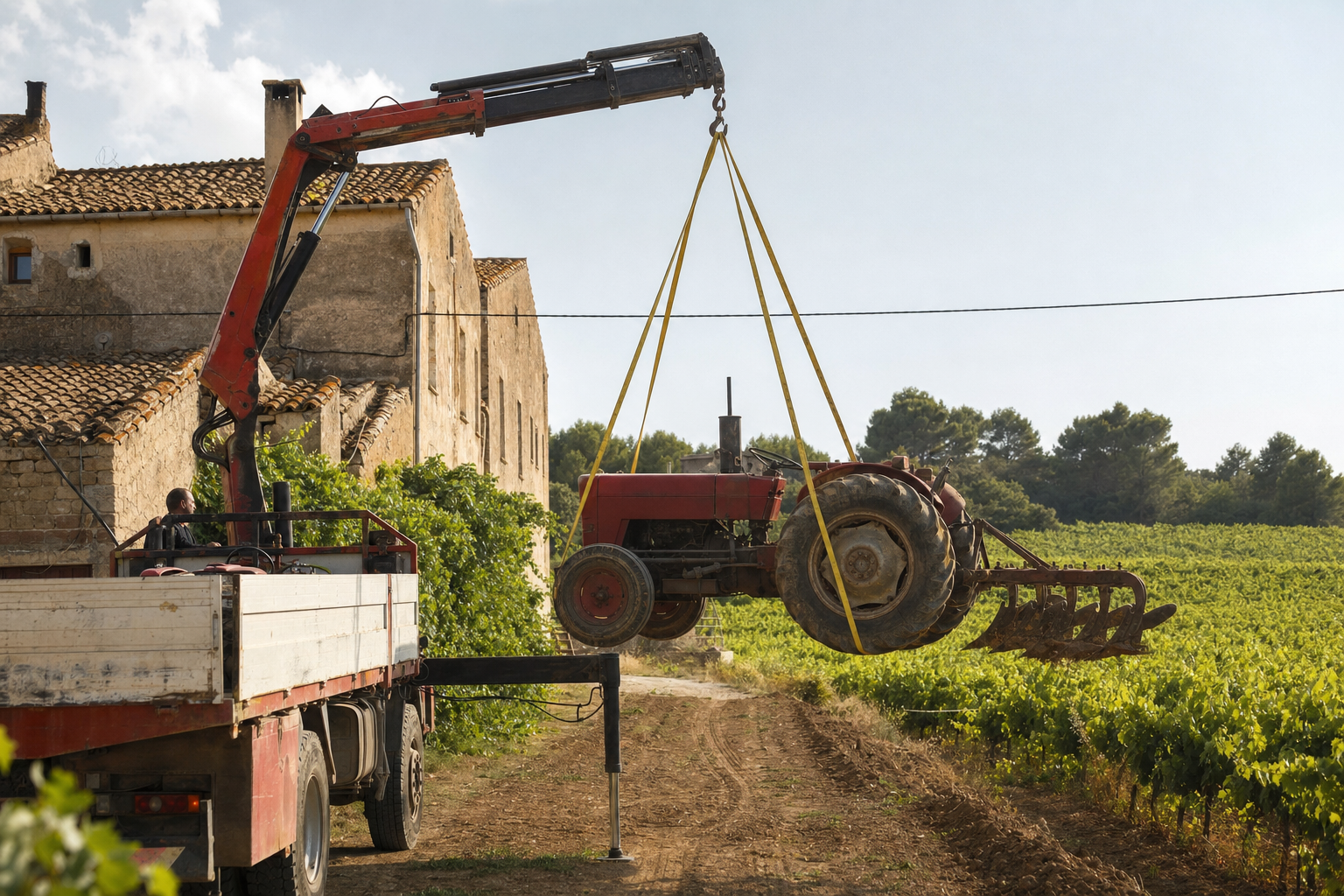 Camión grúa izando un tractor agrícola en una masía del Penedès, viñedos al fondo, luz cálida de tarde