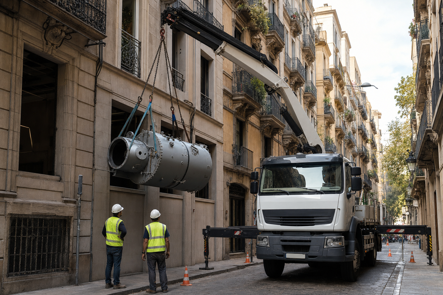 Camión grúa con pluma articulada izando una máquina industrial en una calle estrecha del Eixample de Barcelona, fachada modernista de fondo