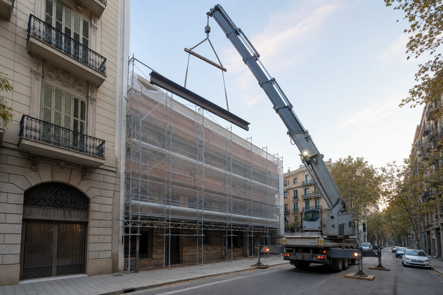 Camión grúa izando una viga/jácena metálica en una obra del Eixample de Barcelona